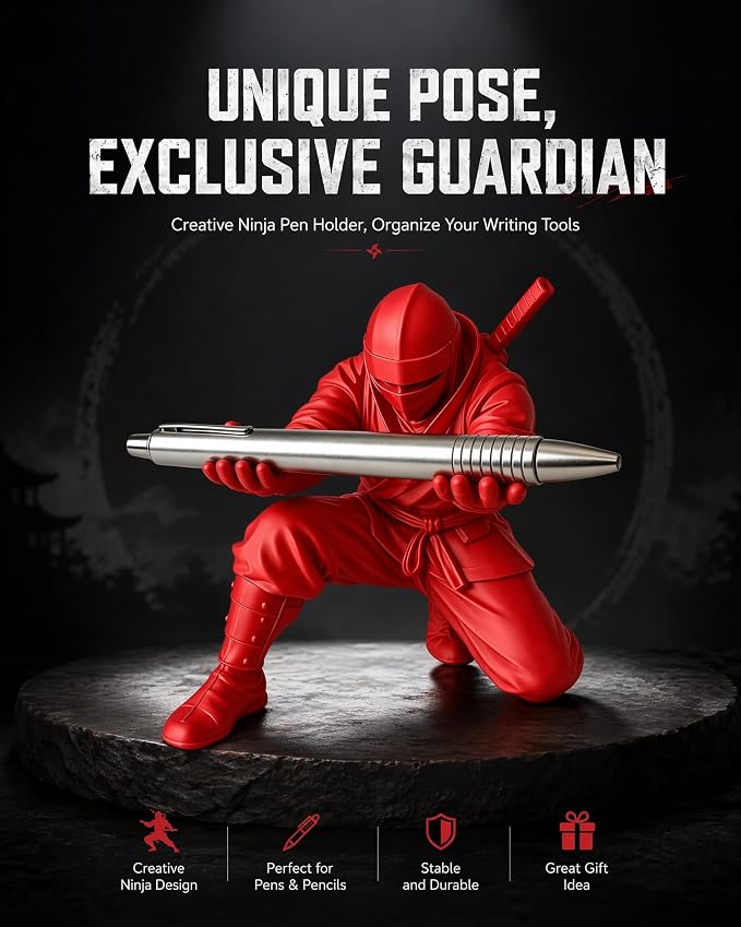 Ninja Pen Holder, 3D Printed Single Pencil Holder Display Stand, Cool Desk Organizers and Decor for Men, Birthday Gift, Father's Day, Office, Home (Red)
