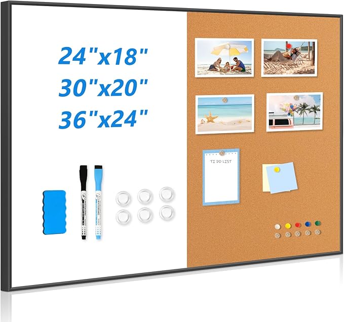 White Board Cork Board Combo, 30" x 20" Magnetic Dry Erase Whiteboard & Corkboard for Wall, Vision Board for Home Office School, Black Aluminum Frame