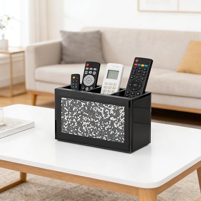 SHYFOY Remote Control Holder, 3 Compartments Glass TV Remoter Caddy Crushed Diamond Desktop Organizer Makeup Brush Holder Storage Fits TV Remotes, Media Controllers, Office Supplies(Black)