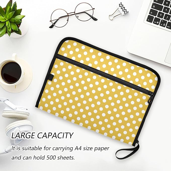 ALAZA Polka Dot Yellow White 13 Pocket Expanding File Folder with Labels, Accordion File Folder File Organizer Letter A4 Paper for Office School Student