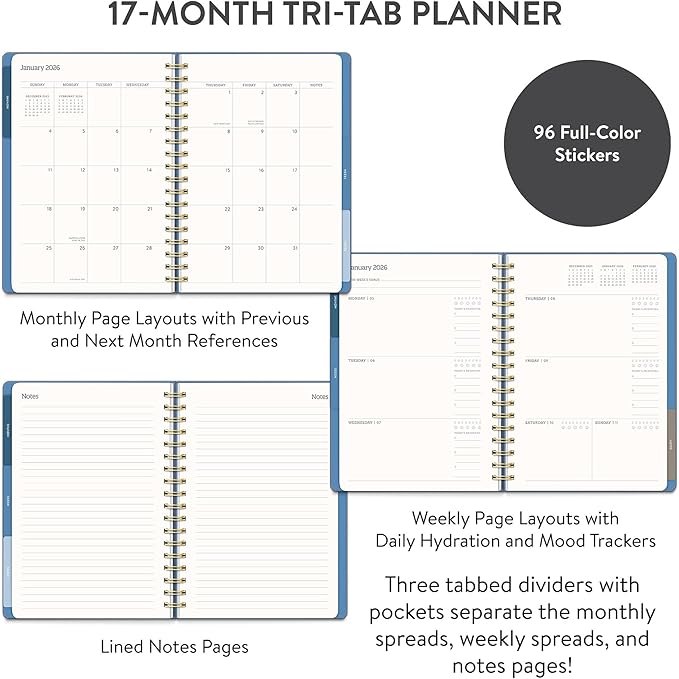 Orange Circle Studio 2026 Planner, Amazon Exclusive, Blue Gray, Tri-Tab Planners, Triple-Section, 9.6" x 7", Weekly Monthly Planner Calendar for School or Work, Note Pages