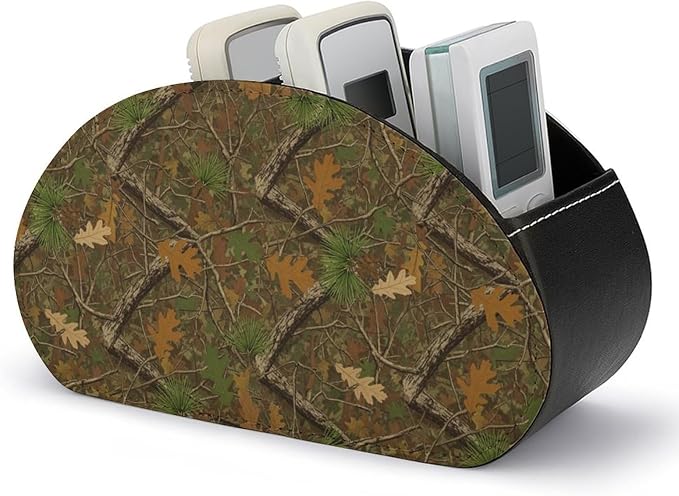 5-Slot Remote Storage Box, PU Leather Desk Organizer for TV Remotes, Makeup Brushes, and Bedside Table, Hunting Realistic Camo Tree Camouflage