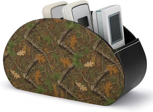 5-Slot Remote Storage Box, PU Leather Desk Organizer for TV Remotes, Makeup Brushes, and Bedside Table, Hunting Realistic Camo Tree Camouflage