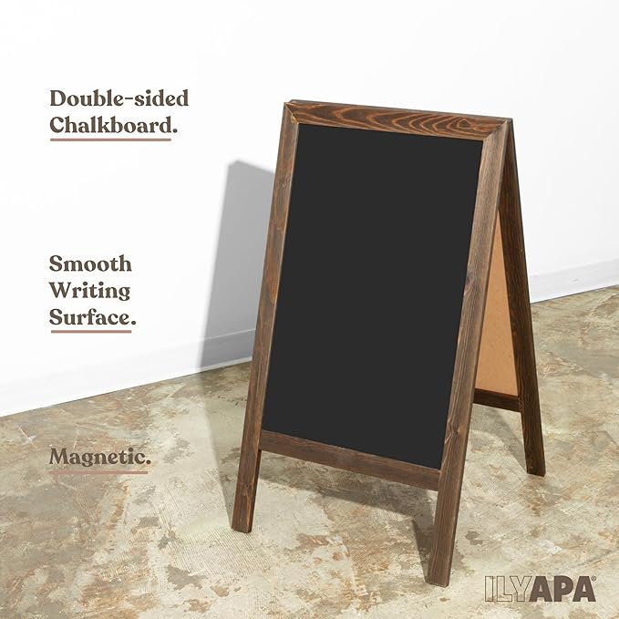 Ilyapa Wooden A Frame Sign Sandwich Board with Eraser & Chalk - 40 x 20 Inches Magnetic Chalk Board Easel Sign – Rustic Natural Wood Sidewalk Chalkboard Signs Menu for Restaurant, Business or Wedding