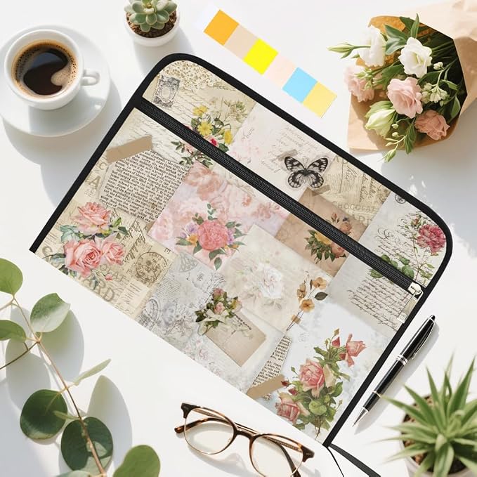 WEBEEDY Vintage Flower Expanding File Folder with 13 Pockets, Labels and Zipper, Retro Poster Collage Prints Accordion File Organizer Portable Document Organiser for A4 Paper Receipt Paperwork Office