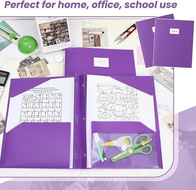Kosiz 24 Pcs 2 Pocket Folders with Prongs, Paper Folders with 2 Pockets and 3 Prongs Fit Letter Size Paper, Back to School File Document Organizer for School Office Home Supplies (Purple)