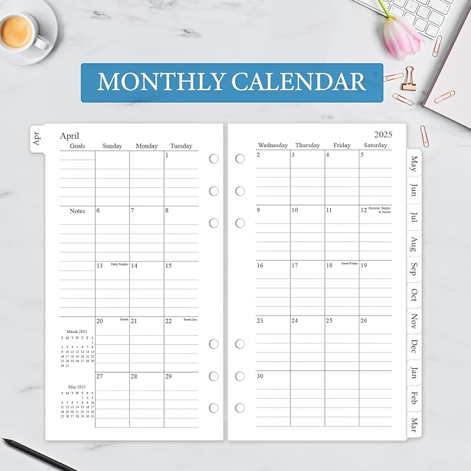 2025-2026 Weekly & Monthly Planner Refill, A6 Planner Inserts with Monthly Tabs, Size 3, 3.8"x6.8", July 2025 - June 2026, 6-Hole Punched