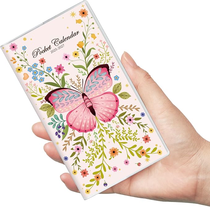 Phyxin Pocket Calendar 2025-2027, Two Year Pocket Planner - Runs From Jul 2025 Until Dec 2027, Small Size Planner - 6.7" x 3.7", Small Calendar for Easy Organizing, Butterfly