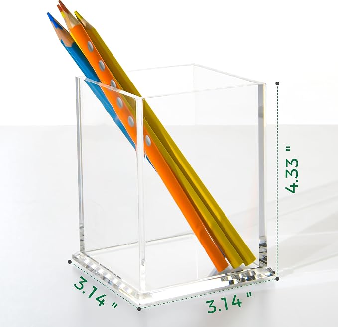 AIMOLLY Clear Acrylic Pencil Pen Holder Cup, Desk Accessories Holder,Makeup Brush Storage Organizer, Modern Design Desktop Stationery Organizer for Office School Home Supplies, 3.1x 3.1x 4.3 inch