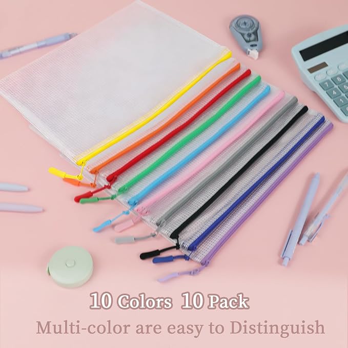 Multibey 10 Pack 10 Colors Mesh Zipper Pouch Bags, B5 Size Waterproof Plastic Zipper Pouches for Board Game Storage, Mesh Bags with Zipper for School Office Home (B5 11.4 x 8.5 inch)