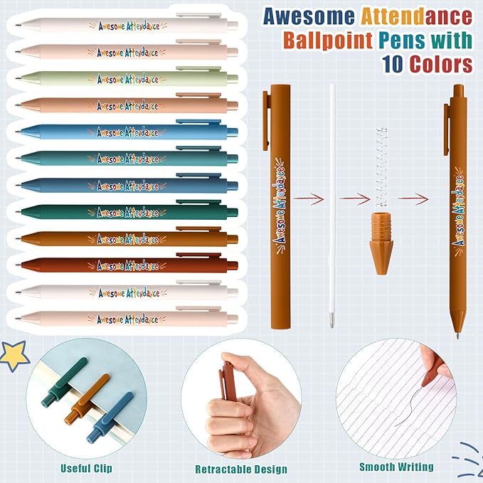 40 Sets Awesome Attendance Gift Ballpoint Pen with Tags Pendant for Student Teacher Motivating Perfect Attendance Reward for Office Class Prize Teacher Must Have