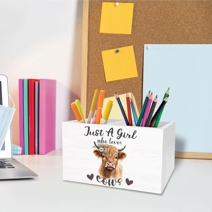 Floral Highland Cow Pen Holder for Desk, Highland Cow Gifts for Women Pencil Organizer, Just a Girl Who Loves Cows Wooden Box Sign Desk Decor for Home Office Decoration
