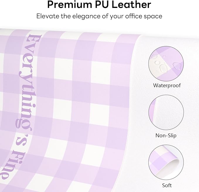 Checkered Pattern Desk Pad Protector, 35.5 x 13'' Aesthetic Mouse Mat for Desktop, Waterproof PU Leathe Non-Slip Desk Writing Pad for Office and Home, Purple and Blue