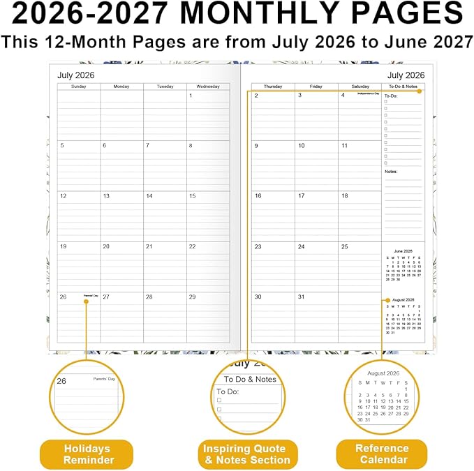 Planner 2026-2027 - 5.8" × 8.3" Weekly & Monthly Planner from July 2026 to June 2027, Large Planners 2026-2027 with Perfect Organizer, Hardcover, Inner Pocket, Crushed Flower