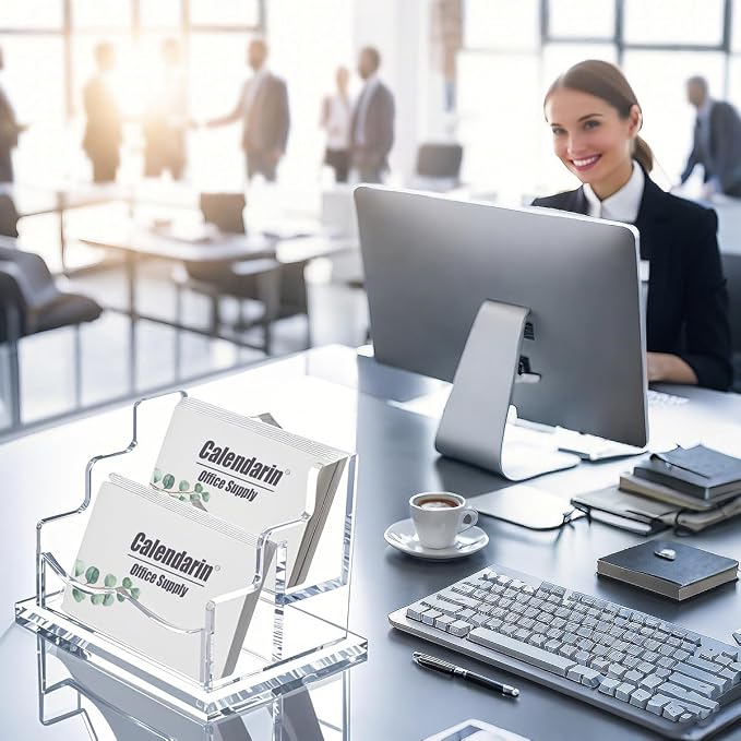 Acrylic Business Card Holder for Desk, Clear, Horizontal, 2-Slot