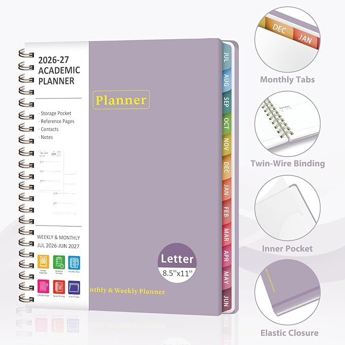 Planner 2026-2027, Academic Weekly and Monthly Calendar Planner, July 2026 - June 2027, Hardcover Spiral Agenda Book, School Supplies for Teacher Student - Letter Size(8.5" x 11")