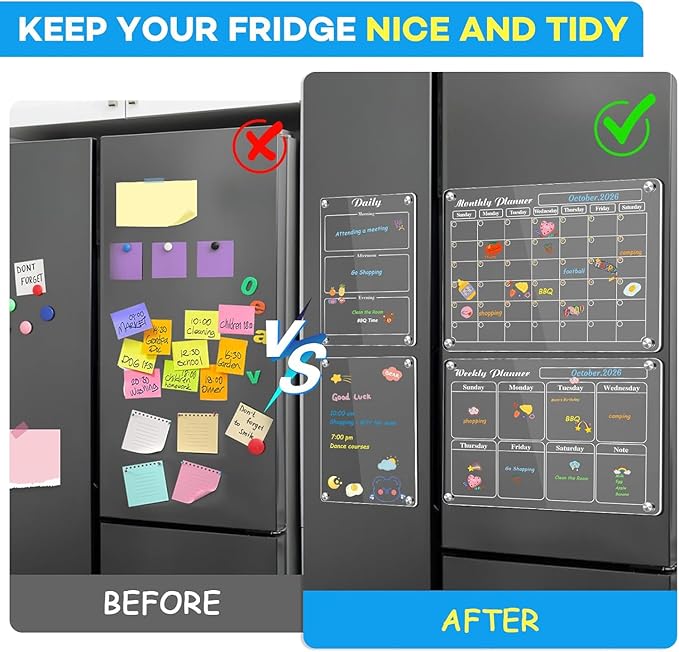 MIKEDE Magnetic Calendar for Refrigerator, 4 Pack Strong Magnets Dry Erase Board Set, 6 Colorful Markers, Acrylic Calendar for Fridge Family Planning Whiteboard Wall, Magnet Pen Holder