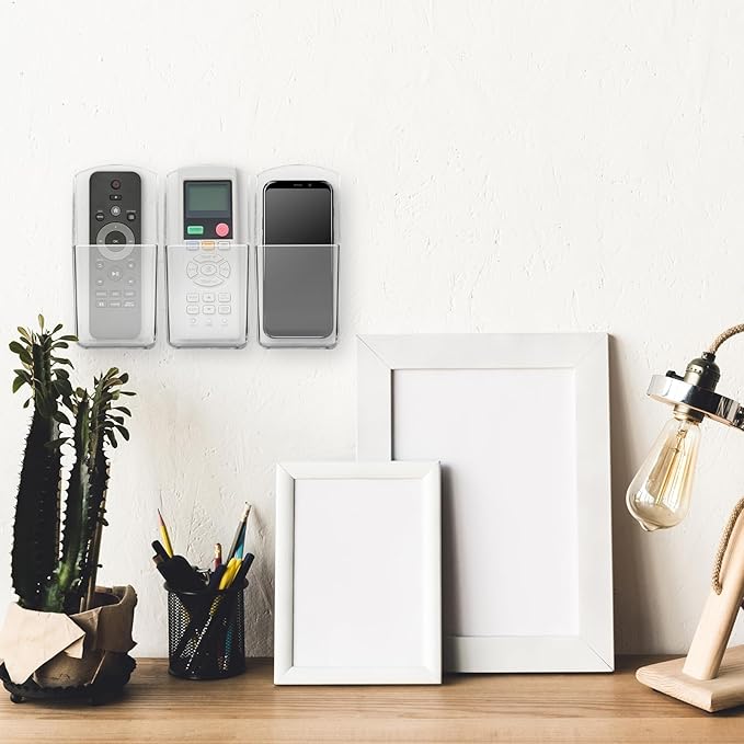 4 PCS Plastic Remote Control Holder Clear Wall Mount Media Organizer Single Compartment Pen Holder for Wall Pencil Holder TV Remote Holder Wall Mount Storage Box for File Makeup Marker Brush Phone