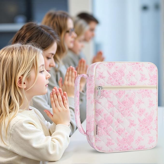 WOBAGMEN Bible Cover Case for Women,Large Bible Tote Bags Organizer Quilted Carrying Case for Girls,Bible Study Supplies Accessories Christian Gifts for Women (Elegant Pink Floral, M)