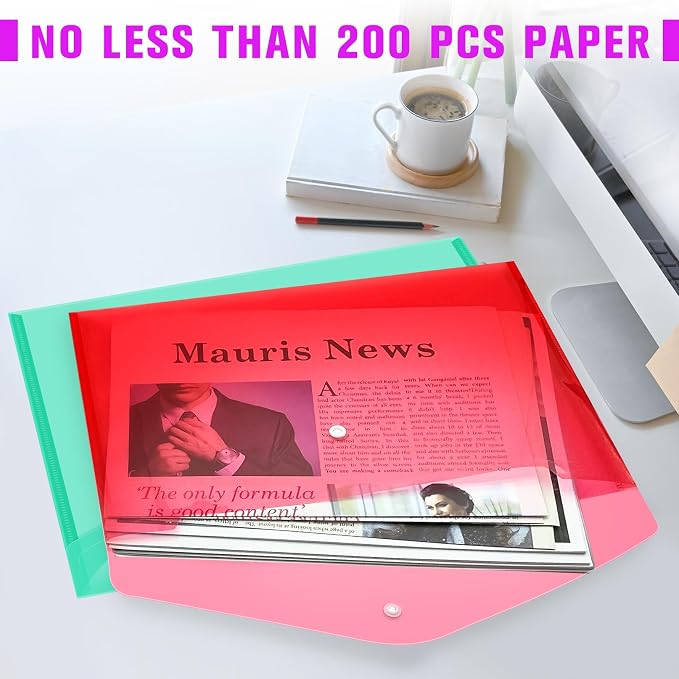 24pcs Plastic Filing Envelopes with Snap Button Closure ，Clear Document Folders for Letter A4 Size Files ，Poly Folders，for School and Office Supplies（6Color）