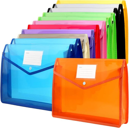 12PCS A4 Size Plastic File Folder - Expandable Poly Envelope Waterproof Transparent File Pouch with Snap Closure and Label Pocket, Assorted Colors