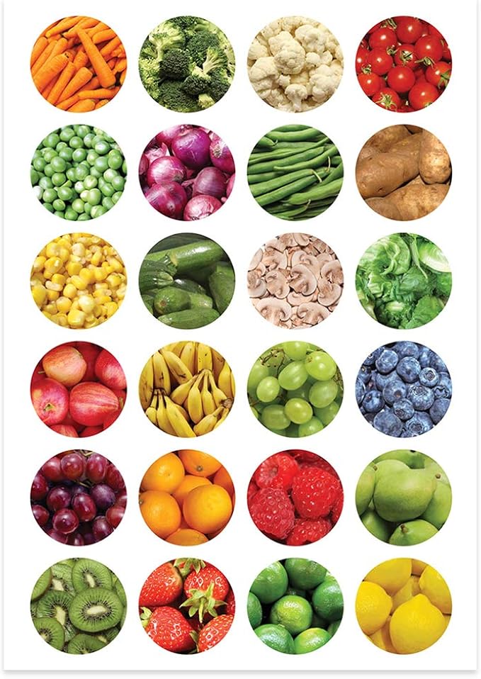 Hygloss Products Fruits & Veggies Stickers - Great for Learning About Nutrition - Perfect for Arts, Crafts, Classroom & Much More - 1” Round Self-Adhesive Stickers - 24 Stickers per Sheet - 20 Sheets