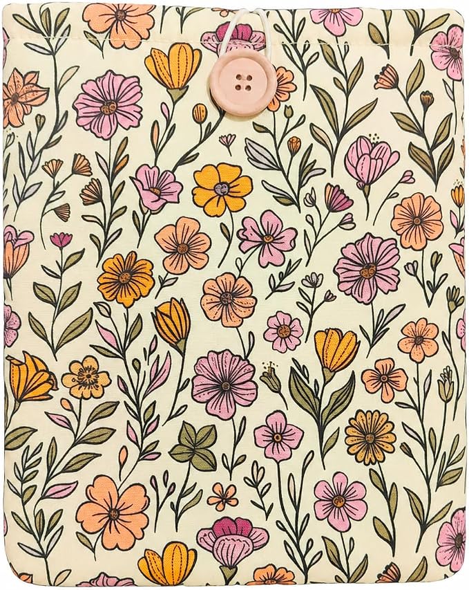 Floral Book Sleeve - Elegant Book Cover with Wooden Button, Cotton Padded Protector for Paperbacks & Hardcovers, Ideal for Book Lovers, Durable Design (Soft Florals, Large)