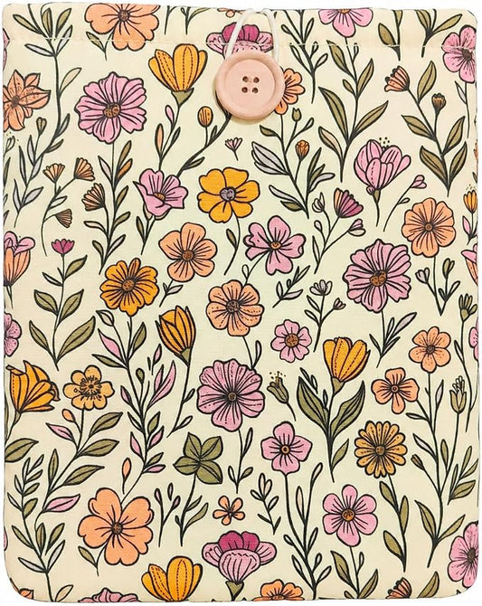Floral Book Sleeve - Elegant Book Cover with Wooden Button, Cotton Padded Protector for Paperbacks & Hardcovers, Ideal for Book Lovers, Durable Design (Soft Florals, Large)
