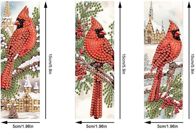3Pcs DIY Diamond Art Painting Bookmarks with Colorful Butterfly Pendant PET Bookmark Ornament Double Sided Pattern Single Sided Diamond Book Marker Clip Gifts Tags-Cardinal