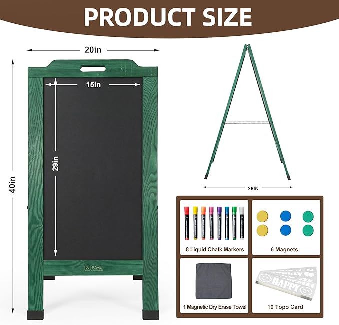 Magnetic Portable A-Frame Chalkboard Signs, 40" x 20" Large Wood Sandwich Board Signs Outdoor, Double-Sided Sidewalk Standing Chalk Board for Business, Wedding, Vendor Display, Coffee Shope - Green