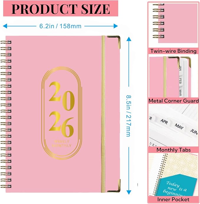 2026 Planner Weekly and Monthly,Pink Daily Cute Planner for Women Student,Jan 2026 to Dec 2026,Small A5 (6.3" x 8.5")Glitter Hardcover Spiral Agenda Calendar Book with Tabs for Office School Home Work