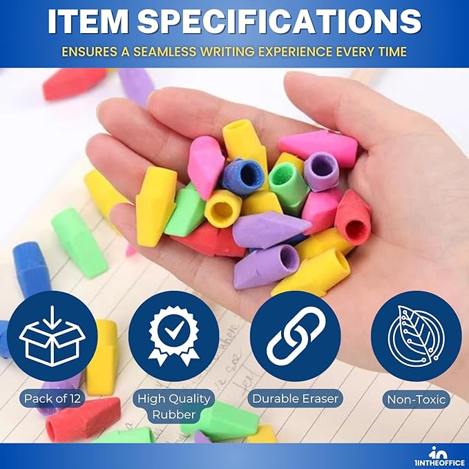 1InTheOffice Pencil Cap Erasers, Assorted Colors, Arrowhead Caps Tops Eraser, Eraser Cap for Art, School, Office Use, and Classroom Set, 12 Pack (Assorted Colors, 12 Pack)