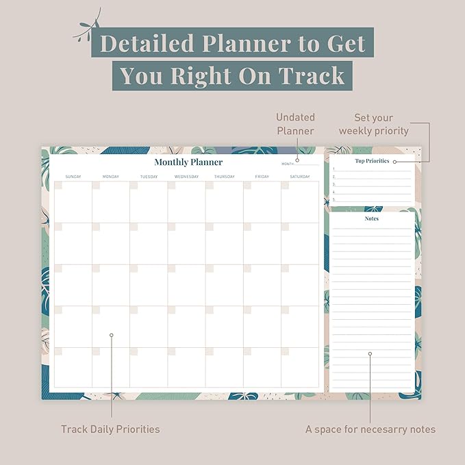 Rileys & Co Monthly Desk Pad Planner, Undated Calendar With 52 Tearaway Sheets, Wide To Do Notepad With Top Priorities and Notes, 16.5 x 11.4 Inches (Floral)