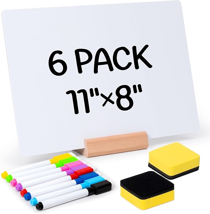 Small Dry Erase Board - 6PCS Whiteboards for Classroom Supplies with 60 Markers and 6 Erasers, Portable Double Sided Lapboard with Wood Base for Students Teachers School Accessories (11 x 8 in)
