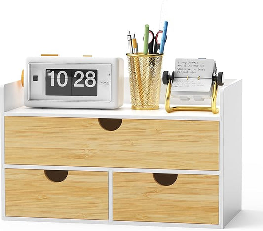 Desk Organizer with Drawers - Bamboo Desktop Organizer Storage | White-Natural Wood Desk Drawers Organizer for Bills, Office Supplies, Cosmetics, Seals No Assembly Required
