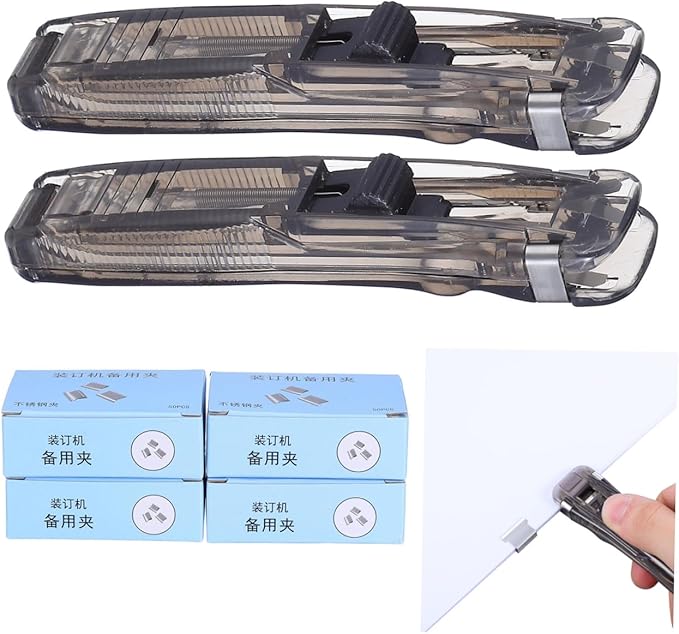Reusable Desktop Stapler Paper Clip Dispenser Set with 2 Black Staplers and 200pcs Refill Clips for Document Binding and Home School Stationery Organization