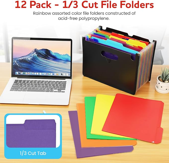 Colored File Folders 12 Pack Assorted Colors, 1/3-Cut Tabs, Letter Size 1/3-Cut Tab File Folders for Office, Home, School, Paper & Organization Filing Cabinets. (Assorted)