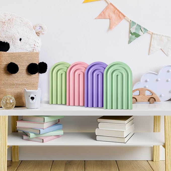 Harloon 4 Pcs Boho Arch Wooden Bookends, Decorative Rainbow Book Stoppers with Non-Slip Metal Base, 5x3x4 Inches, Cute Shelf Decor for Heavy Books, Home Office Study Desk Organizer(Pastel Color)