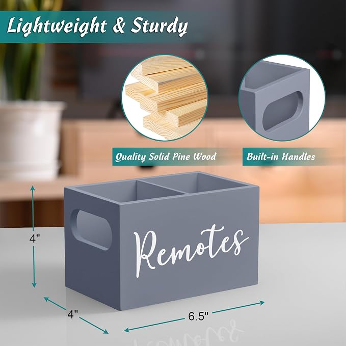 DRASTAR Remote Control Holder, Wood TV Remote Holder, Remote Storage Caddy, Remote Control Organizer (Gray, 2 Slots)