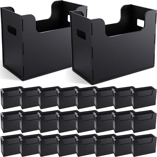 24 Portable Desktop File, Side Handles, Filing Organizer, Hanging File Folders, Letter Size for Schools Office Home (Black)