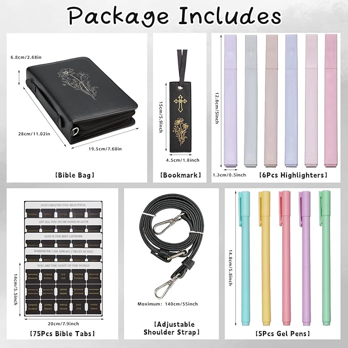 19PCS Floral Black Leather Bible Cover for Women Bible Cover Cases for Teen Girls Christmas Gift Christian Church Carrying Bag Journaling Kit with Shoulder Strap Highlighter Pens & Book Marker