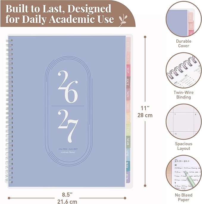 Rileys Academic Planner 2026-2027, Daily, Weekly & Monthly Planner, July 2026 - June 2027, Student Notes Pages, Twin-Wire Binding, Weekly Agenda for School & Work (8.5 x 11-Inches, Blue)