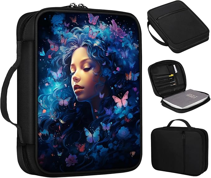 Bible Cover, Butterflies Girl Bible Case with Handle and Zippered Pocket Standard Size Holy Bible Bag Women Gifts, Church Bag Portable Bible Carrying Book Case for Bible Study