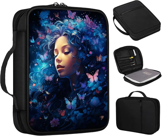 Bible Cover, Butterflies Girl Bible Case with Handle and Zippered Pocket Standard Size Holy Bible Bag Women Gifts, Church Bag Portable Bible Carrying Book Case for Bible Study