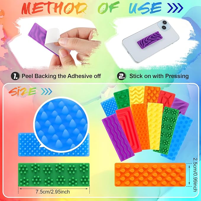 Ireer 12 Pcs Textured Sensory Stickers Silicone Calm Stickers Thick Sensory Strips Different Textures Mental Health Desk Fidget Decals for Anxiety Relief, Autism, ADHD Desk Gift