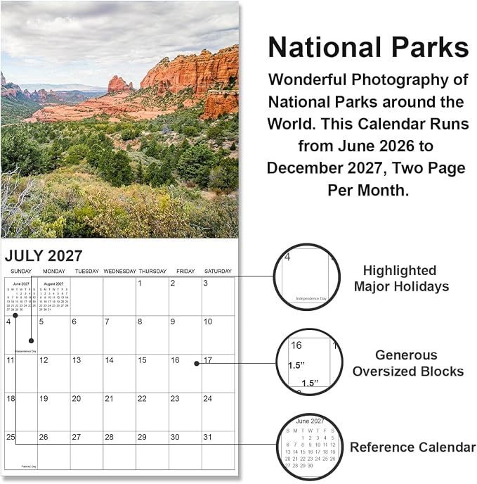2026-2027 Calendar for Wall, National Parks Calendar 2026-2027 from June 2026 - December 2027, 12" x 24" Opened 19 Months Calendar, Full Page Months Thick & Sturdy Paper for Gift Perfect Organizing & Planning