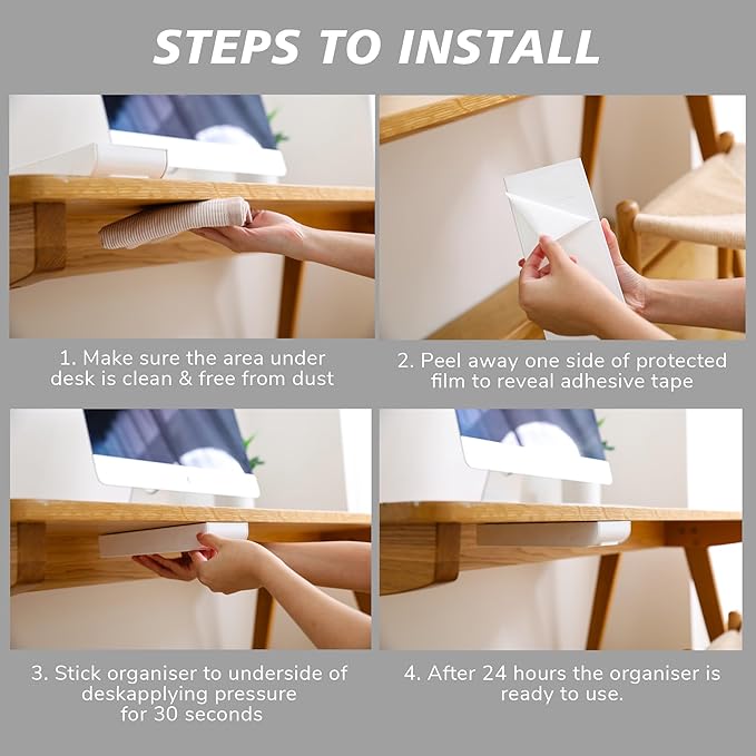 Periea Luna Under Desk Drawer Organizer, Self-Adhesive Storage Tray (White)