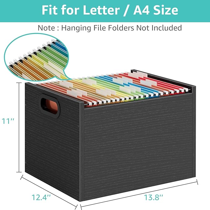 ROSONG Black Wood File Organizer Box - Filing Bin for Letter & A4 Size Wood Decorative Hanging File Folders Storage Crate with Handle, Sturdy Home Office Filing Cabinet System