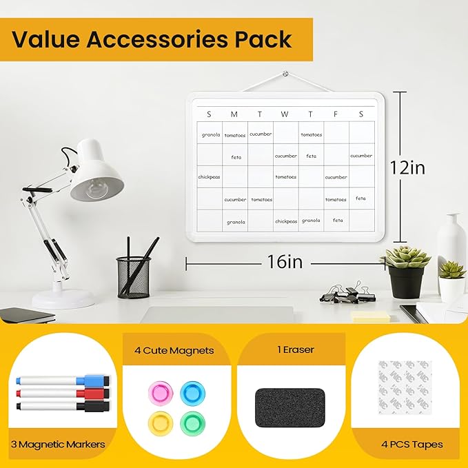 Monthly Whiteboard Calendar for Wall, Small 16" x 12" Dry Erase Board with Plastic Frame, Hanging Dry Erase Calendar for Kitchen Planner, Memo, Office
