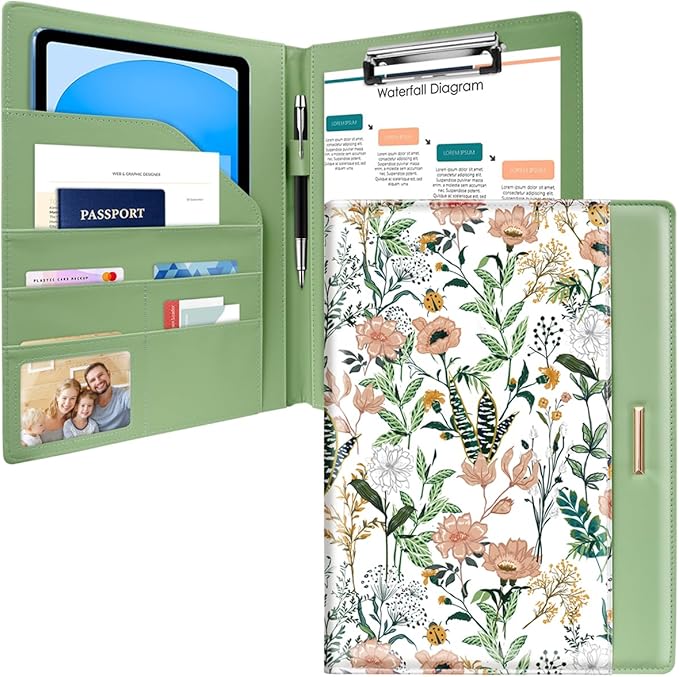 Padfolio/Resume Portfolio Folder for Women Men, WAVEYU Cute Chic Padfolio Cover Folder, Conference/Legal Document Organizer with Letter/A4 Size Clipboard, Document Sleeve, White Flower